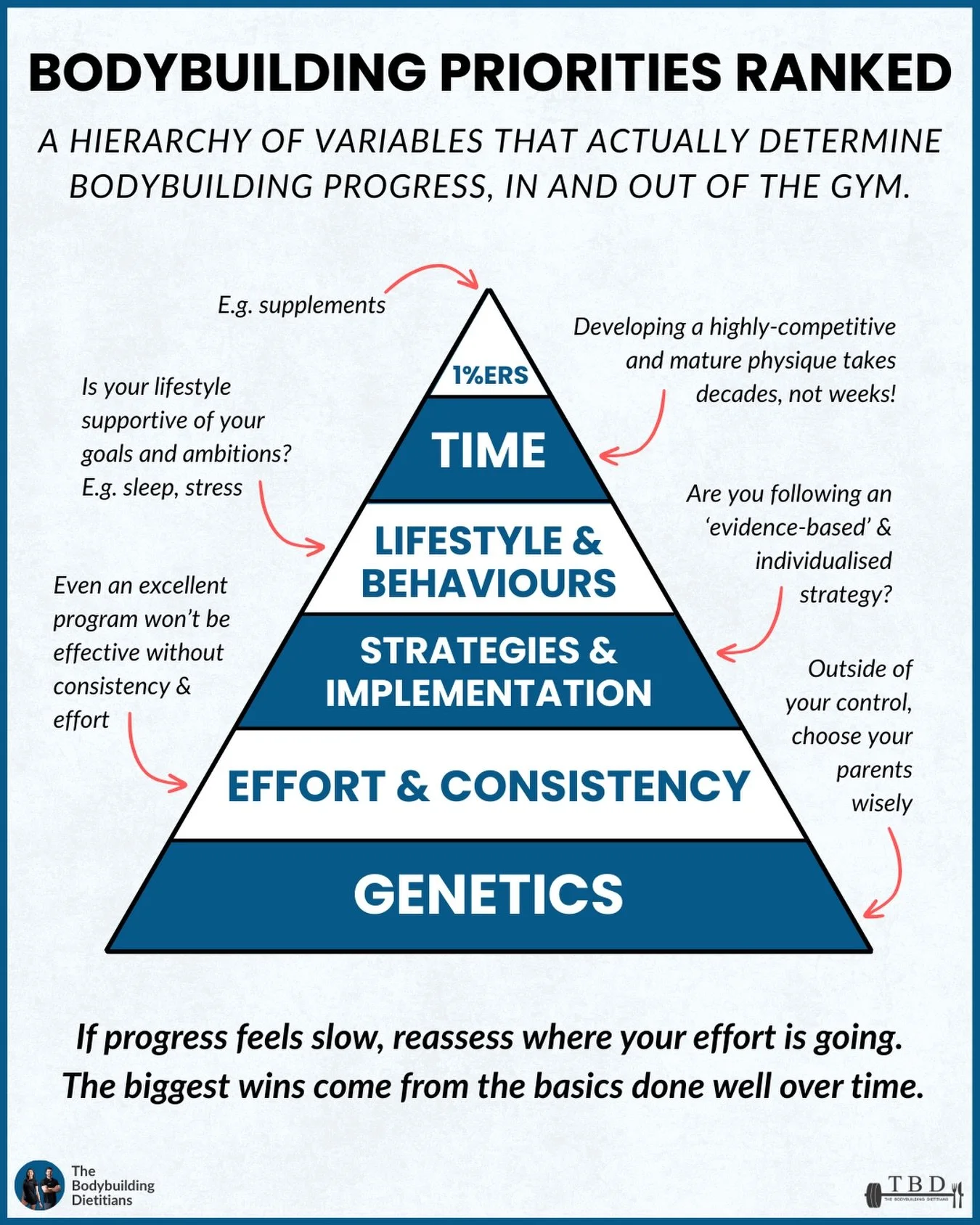 Many athletes are optimising the wrong end of the pyramid.

🥇 Genetics set the ceiling, not the effort.
Bodybuilding, like any high-performance sport, is shaped by biology. Some athletes are born with structural advantages and a high responsiveness 