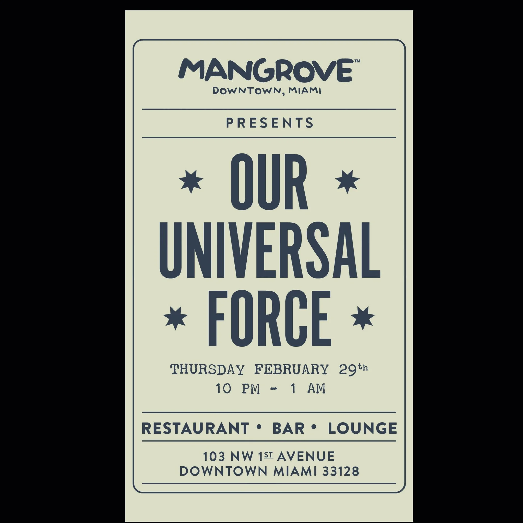 @mangrove.miami tonight with @ouruniversalforce - @ill_brieski and @sohodutch on the decks.  Come through!  Thursday 2/29 - 10pm to 1am @eatjrk #miaminights #mia #musica #hiphop #lounge #thursdayvibes