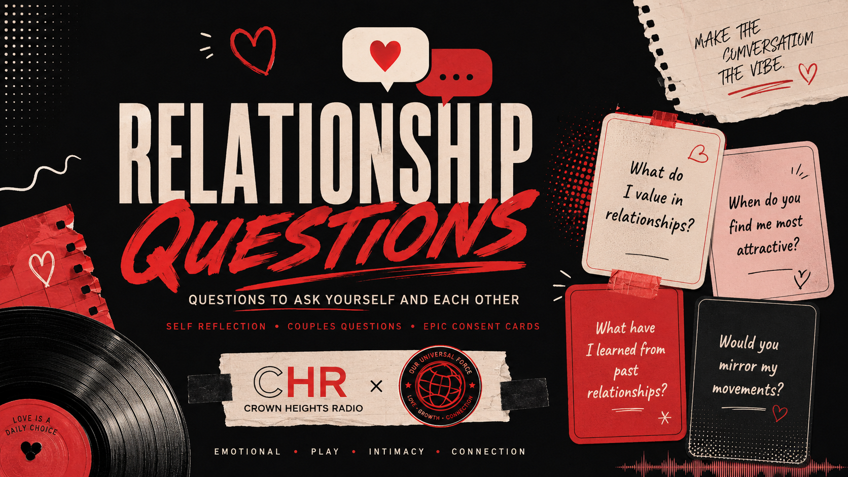A graphic poster promoting relationship questions, featuring speech bubbles with questions like 'What do I value in relationships?', 'When do you find me most attractive?', 'What have I learned from past relationships?', and 'Would you mirror my movements?'. The design is modern with a black background, red, white, and pink accents, and includes decorative elements like hearts, a vinyl record, and torn paper notes.