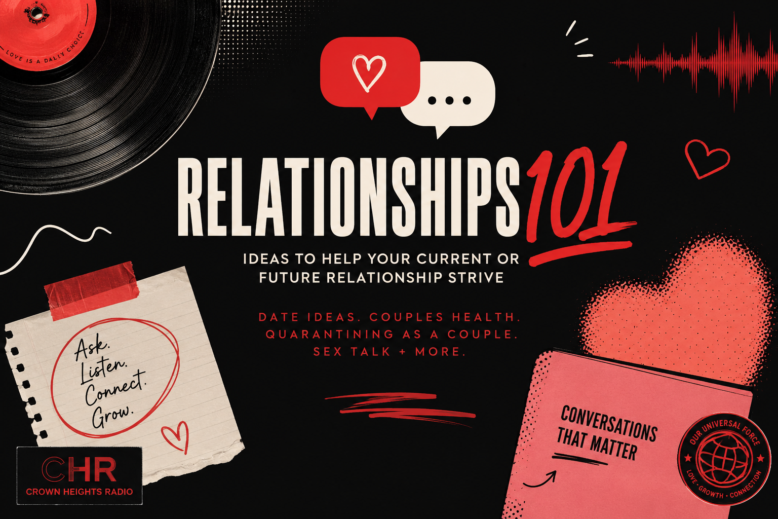 A promotional graphic for a relationship advice event titled 'Relationships 101' with ideas to help current or future relationships. Features a vinyl record, speech bubbles, handwritten notes, hearts, and text emphasizing communication and connection.