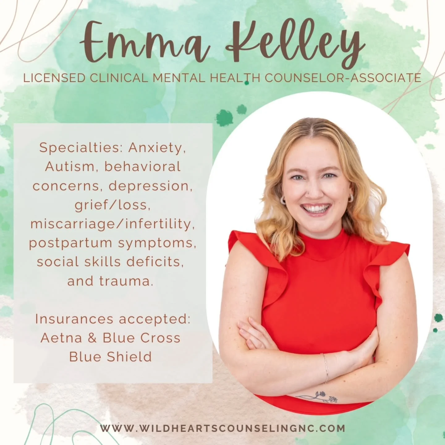 We're excited to welcome another amazing therapist, Emma Kelley, to the team!
Emma provides an empathetic, safe, and nurturing environment to
help clients achieve their goals, address problems, and heal. 
Emma's experience includes working with chi