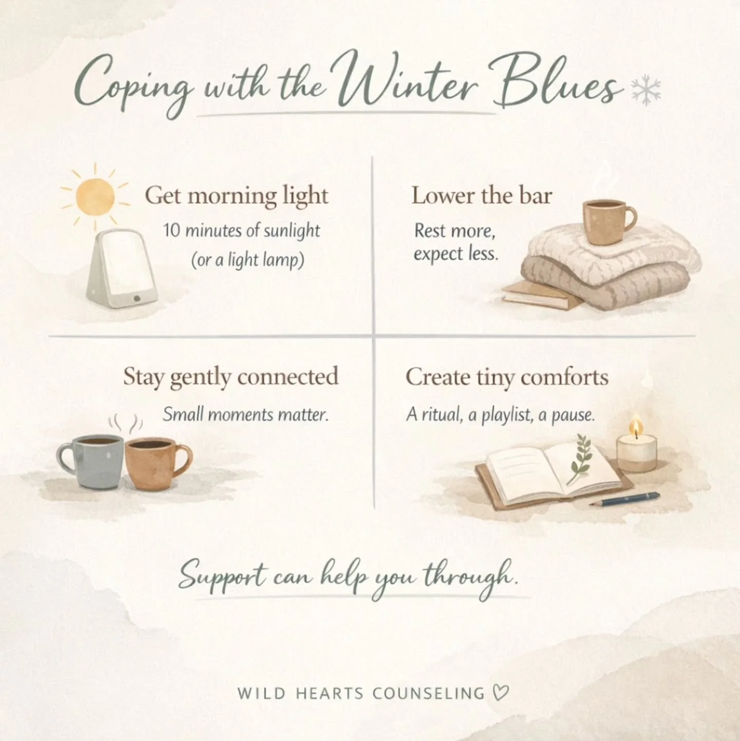 Winter blues are real&mdash; Shorter days. Less sunlight. Disrupted routines. More time indoors.
Winter can quietly mess with our mood, energy, and motivation.
Here are a few gentle ways to support your mental health this season:
☀️ Chase light when 