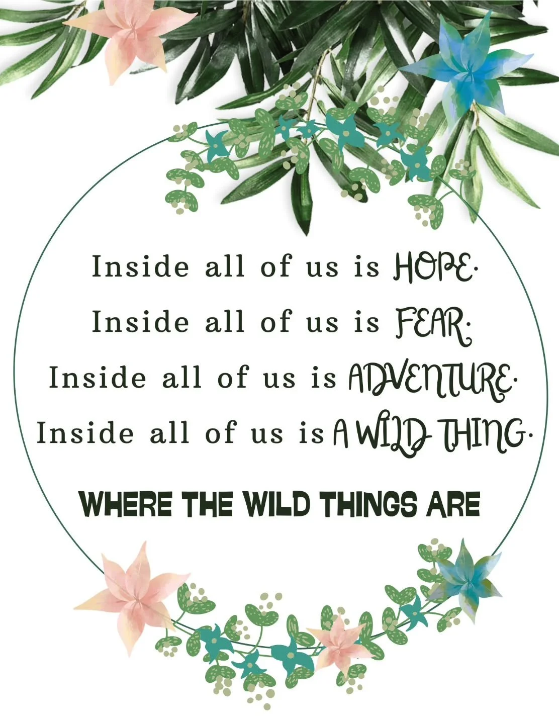 Inside all of us is hope.
Inside all of us is fear.
Inside all of us is adventure. 
Inside all of us is a wild thing.
💚
