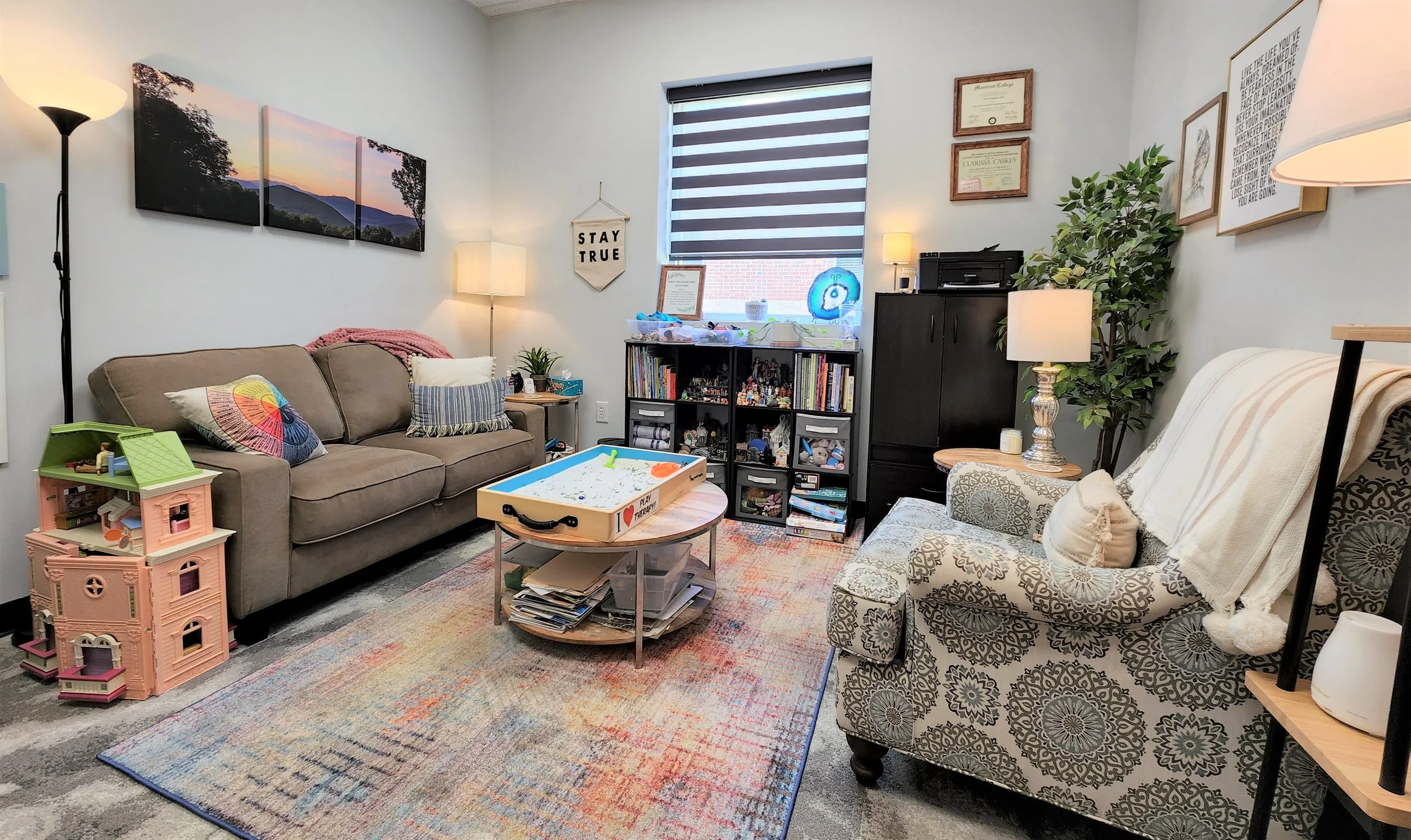 Comfortable play therapy room, women theray, and teen counseling office at Wild Hearts Counseling in Denver, NC