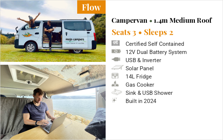 Flow medium roof campervan built in 2023, sleeps 2, for hire in New Zealand