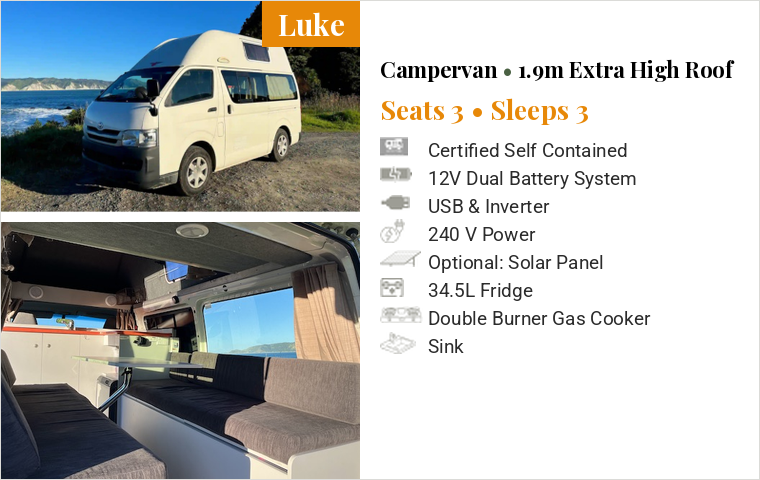 Luke campervan with 1.9m extra high roof, sleeps 3, for hire in New Zealand