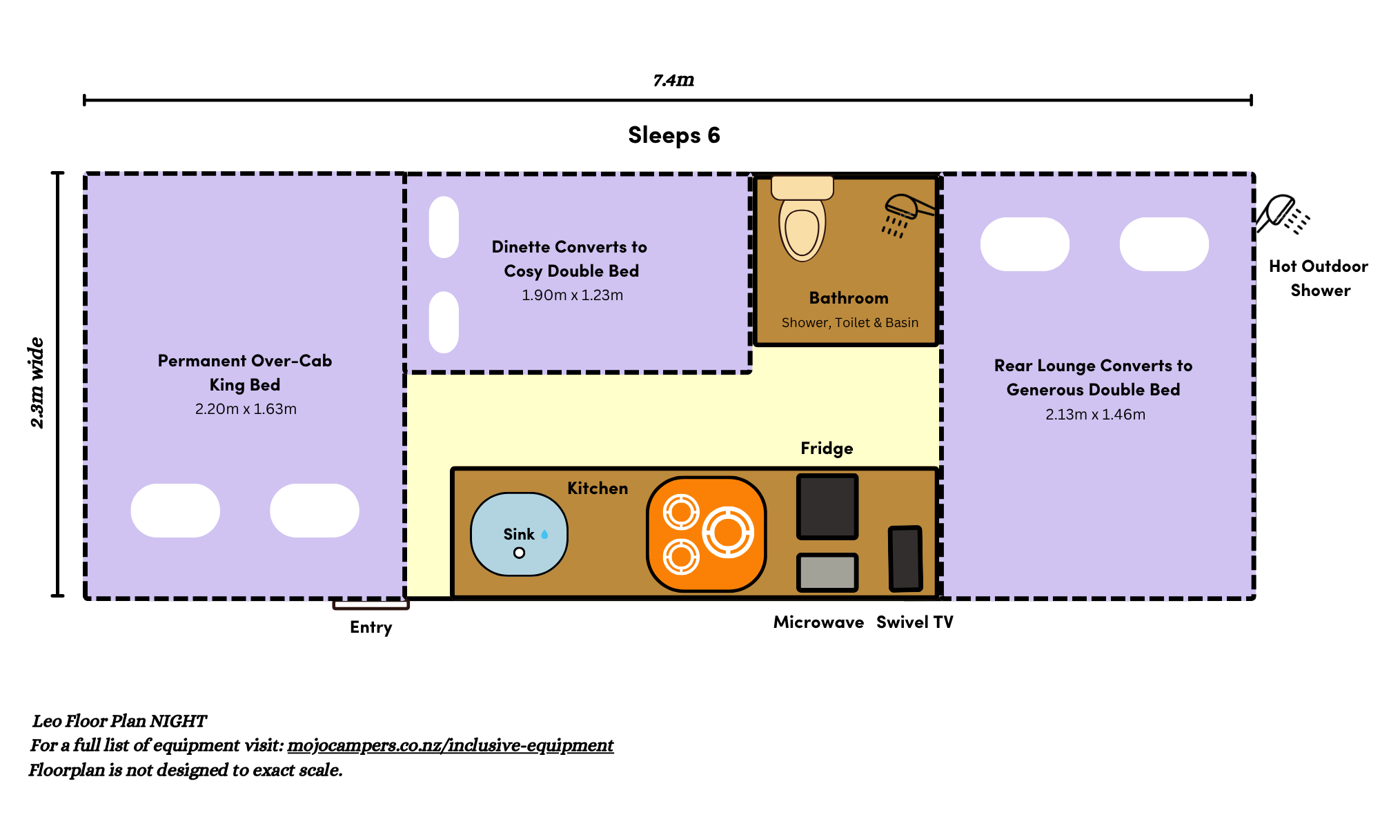 Night layout floor plan of the Leo 6 berth motorhome showing the over-cab king bed, rear lounge double and dinette single with bed dimensions.
