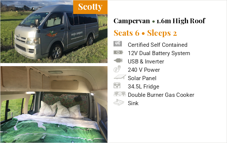 Scotty high roof campervan with solar panel, seats 6, for hire in New Zealand