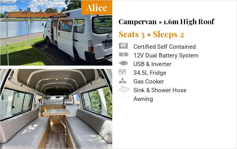 Alice high roof campervan with awning, sleeps 2, for hire in New Zealand