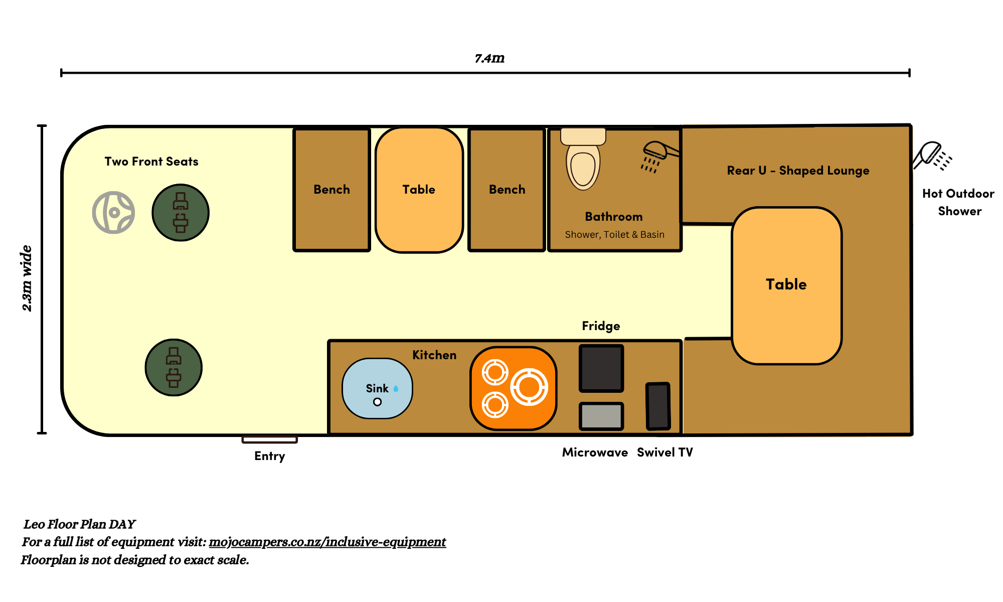 Floor plan of the Leo 6 berth motorhome showing day layout with dinette, kitchen and over-cab bed.