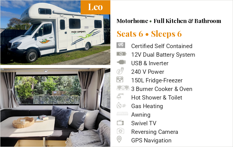 Leo 6 berth Mercedes-Benz motorhome with full kitchen and bathroom, for hire in New Zealand
