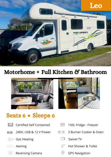 Leo 6 berth Mercedes-Benz motorhome from Mojo Campers, showing the exterior, rear lounge and kitchen, available for hire in New Zealand