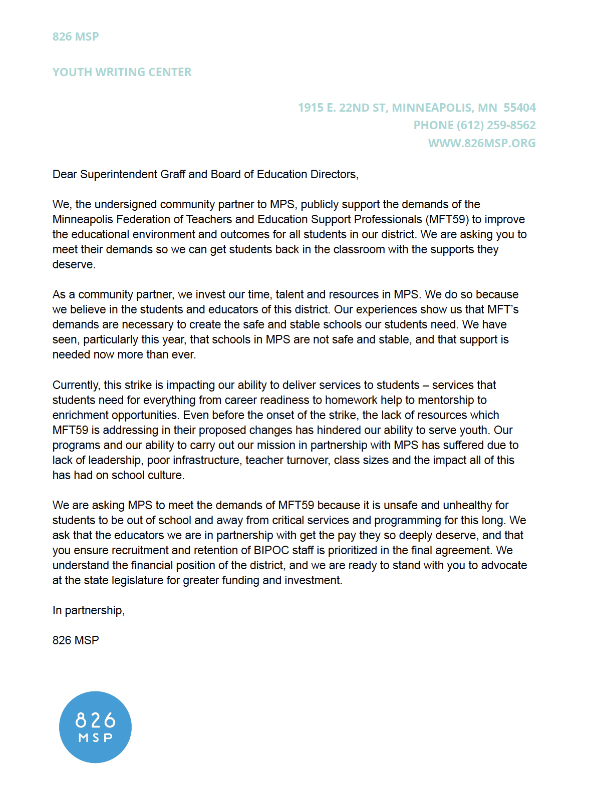 Letter in Support of MFT59