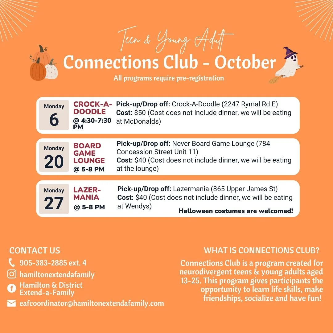 Hello families and happy first day of fall! 🍂🎃

We are excited to be sharing our October calendar for our Teen & Young Adults Connections Club! We have some exciting programs planned, please note that October 6th’s program will run from 4