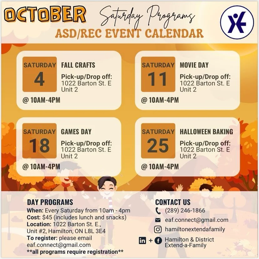 Hello everyone!!🍂 Fall is officially here, which means we are sharing our October Calendar for the Youth ASD/Recreation Program! This month brings a variety of fun activities, and we can’t wait to see everyone join in.
 
We’re also happy