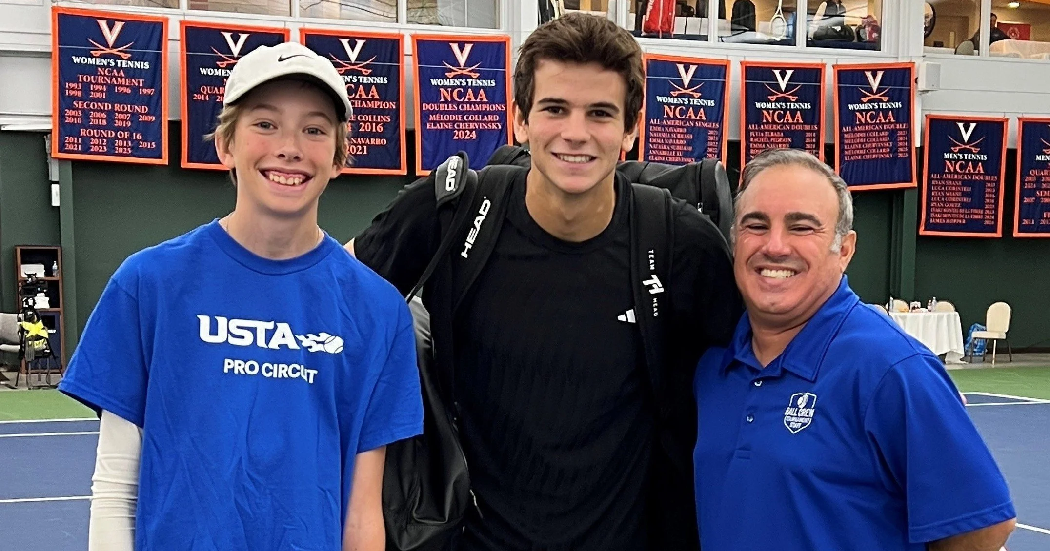 Mark DeNoble with competitive tennis players at a USTA Pro Circuit event discussing tennis performance psychology and athlete development
