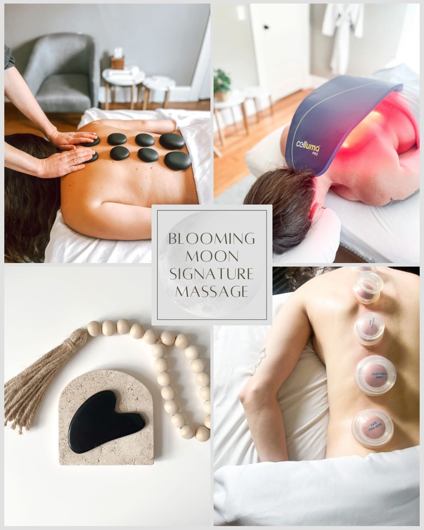Introducing our new service! 

✨Blooming Moon Signature Massage✨

Nestle under a weighted blanket for this luxurious signature treatment! Enjoy a custom blend of relaxation and deep tissue massage using our signature scented or unscented massage oils