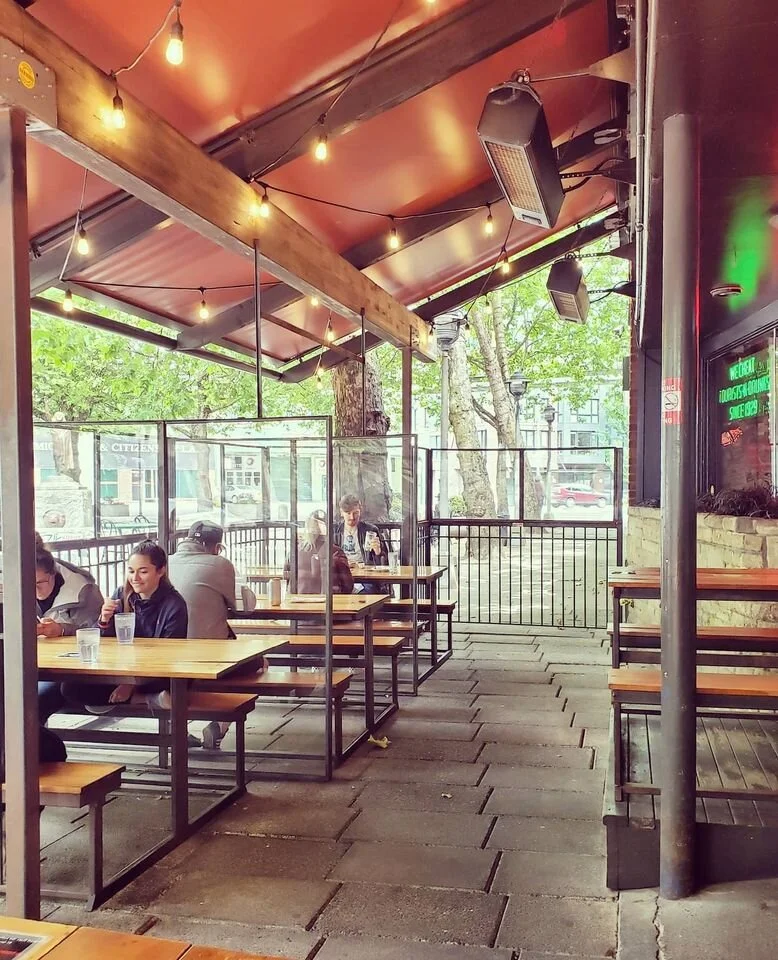 Outdoor seating at The 5 Point Cafe - covered, heated, and separated from other customers.