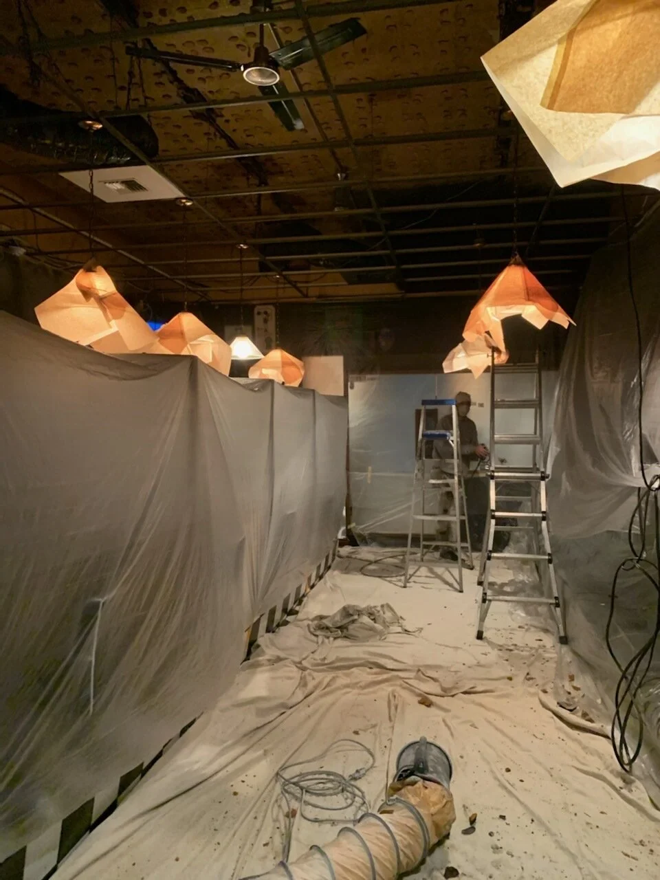 Install of UVC lighting: we painted the ceiling, installed fans, UVC lights, and egg-crate ceiling tiles.