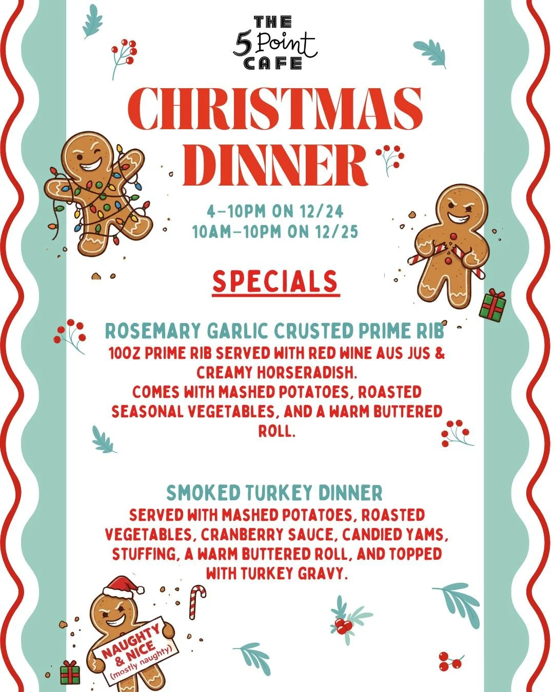 Merry Christmas from The 5 Point Caf&eacute; - the place that never sleeps!

We&rsquo;re open 24/7 on Christmas Eve and Christmas Day, serving our full menu plus holiday specials and as always, pouring the stiffest drinks around (and saving you from 