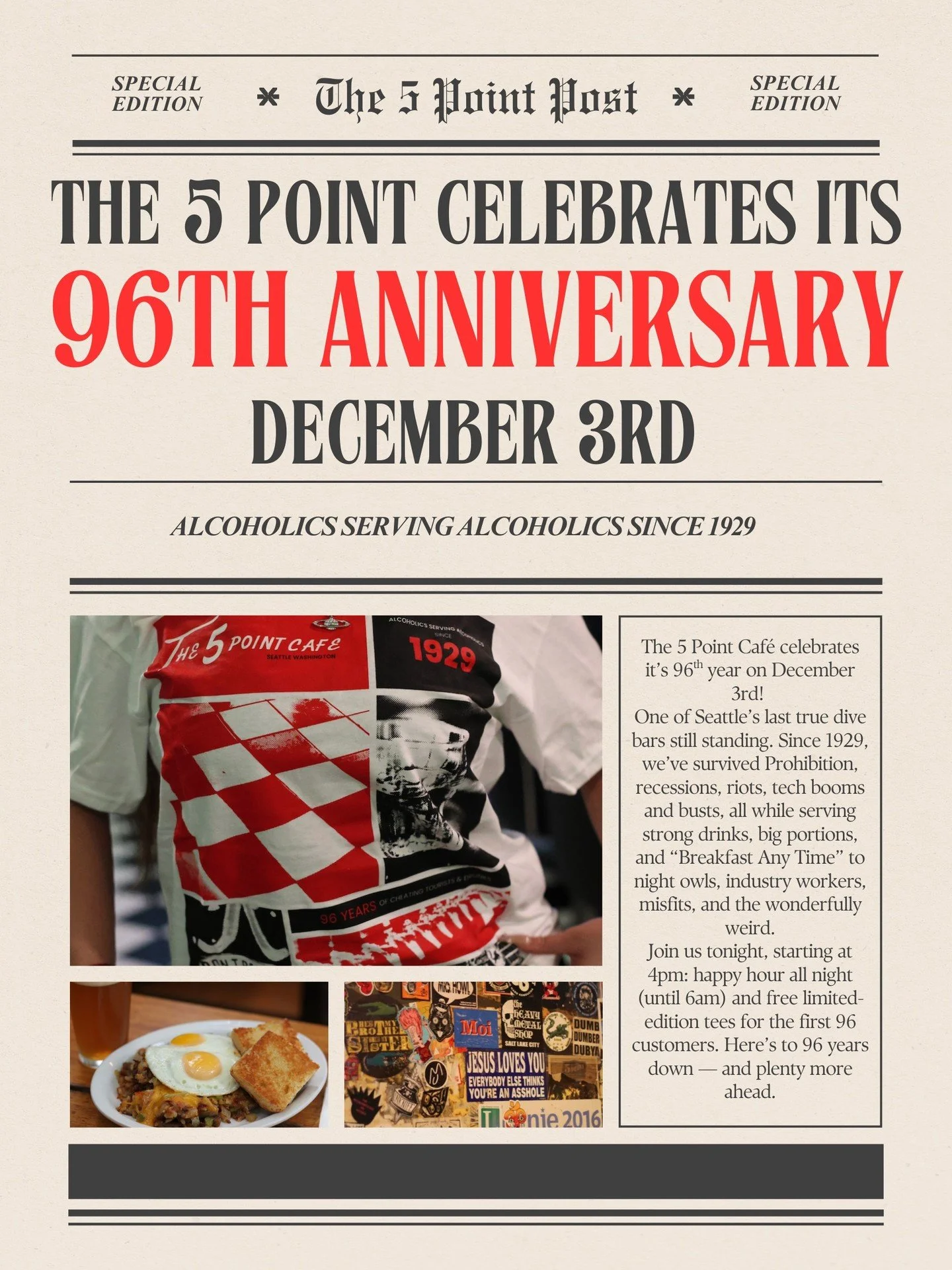 Join us for our Anniversary Party tomorrow!! Starting at 4pm, enjoy our happy hour all night (until 6am) and free limited-edition tees for the first 96 customers❤️ 

Here&rsquo;s to 96 years down &mdash; and plenty more ahead! 

#the5pointcafe #since