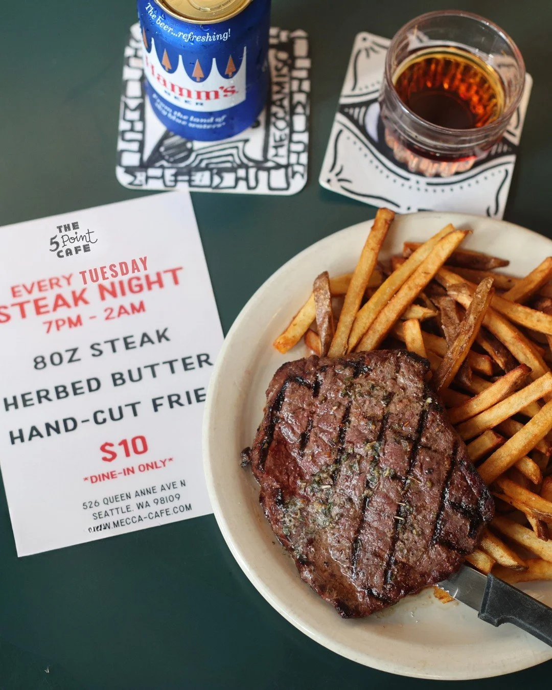 Notice steaks are getting expensive?? 

Well, we&rsquo;re always trying to provide great food at a great price and Tuesdays are very special! 

Tuesday = Steak Night at The 5 Point.

$10 gets you an 8oz Choice steak, herbed butter dripping all over i