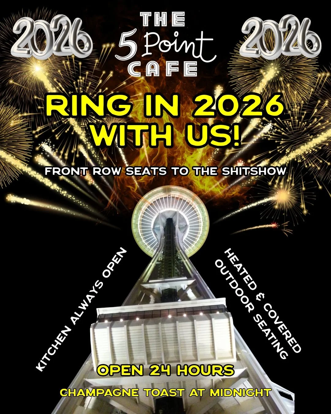 Front row fireworks at The 5 Point. This year we&rsquo;re manifesting no fires. 

Eat something, drink something &amp; we'll be popping the Champagne at midnight.
If this isn&rsquo;t how you want to start 2026, we can&rsquo;t help you 🎆 🥂 

#the5po