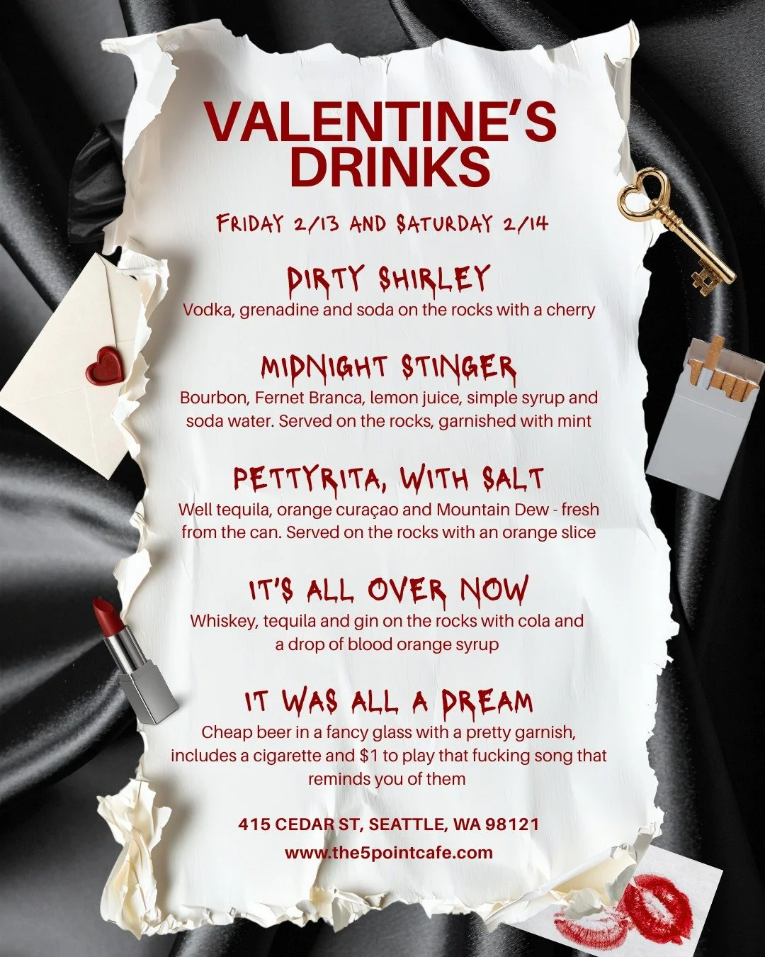 Love used to be a look across the bar.
Now it&rsquo;s a poorly spelled DM sent at 1:47am.

We miss the old days ... soooo we&rsquo;re drinking about it!

Valentine&rsquo;s Day drink specials at the 5 Point Friday Feb 13 &amp; Saturday Feb 14.

Bring 