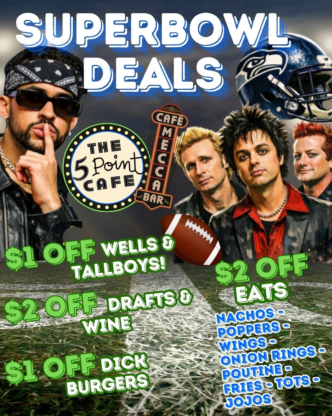 Whether you&rsquo;re in it for the Hawks, the halftime show, or just the excuse to daydrink - we're on your team. 

This Sunday, before AND during the big game - enjoy
$1 off Well Drinks &amp; Tall Boys
$2 off Drafts &amp; Wine
$1 off Dick Burgers
$2
