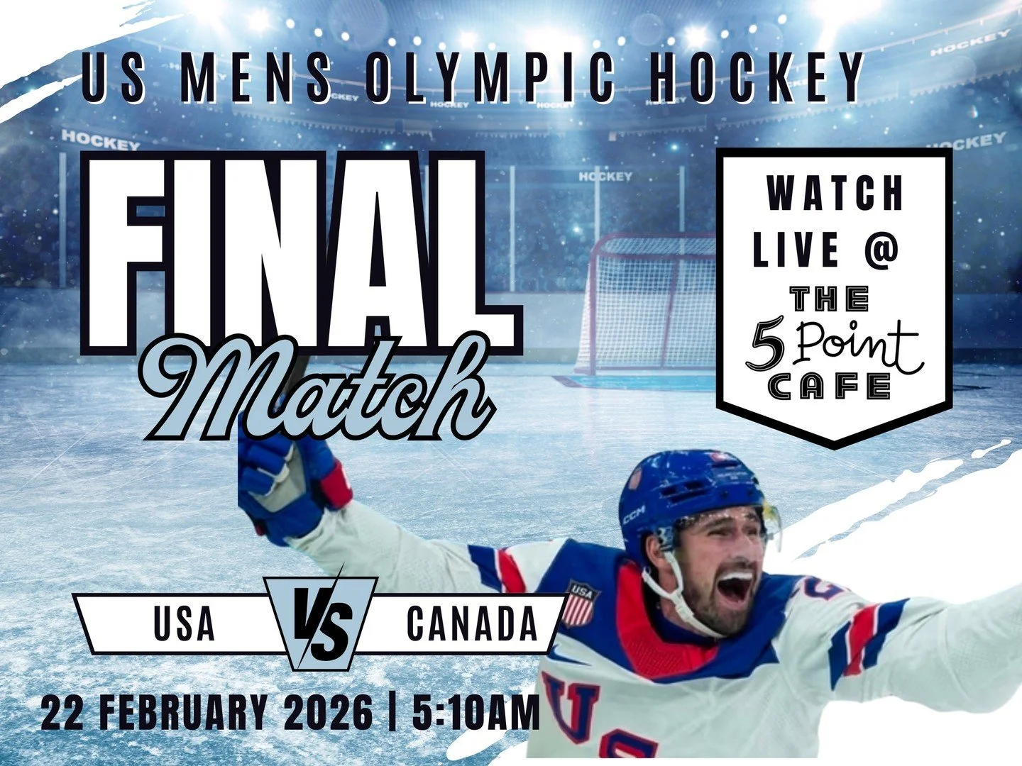 US MENS HOCKEY PLAYS FOR THE GOLD 🏅| Tomorrow Feb. 22nd at 5:10am.

Lucky for you, The 5 Point is open 24 hours!
We'll be seating both sides for breakfast starting at 4:45am so that you can enjoy some coffee and pancakes right as the puck drops.

On