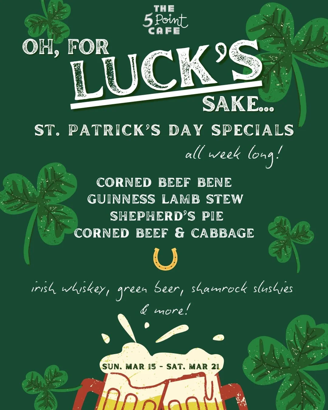 Oh, for luck&rsquo;s sake&hellip; St. Patrick&rsquo;s Day lasts all week here☘️

We&rsquo;re serving up Corned Beef Bene, Guinness Lamb Stew, Shepherd&rsquo;s Pie, and Corned Beef &amp; Cabbage, plus plenty of Irish whiskey, green beer,  shamrock slu