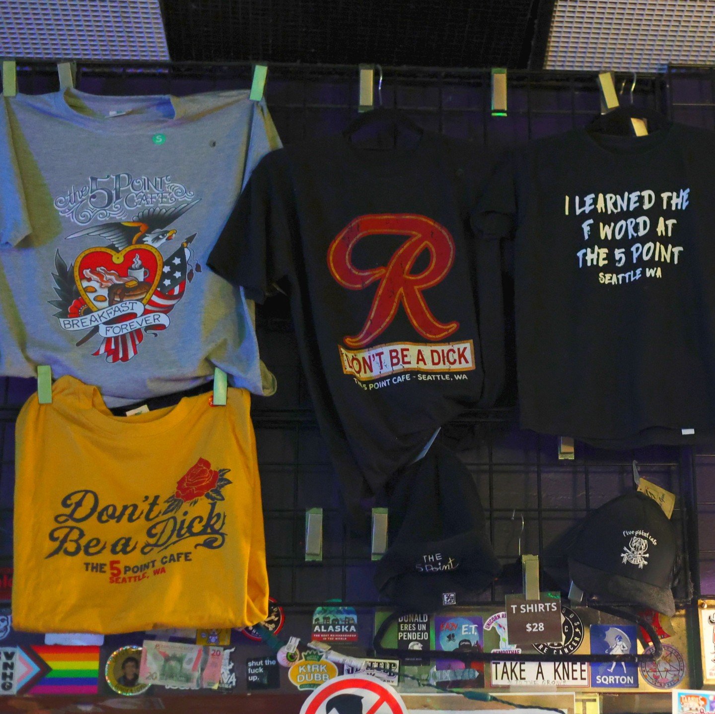 Let's just put it this way - there's a reason we went into food &amp; beverage and not merchandising. 

Full merch line available in store or online.

#the5pointcafe #divebarmerch #seattledivebars #belltownseattle #supportyourlocaldivebar