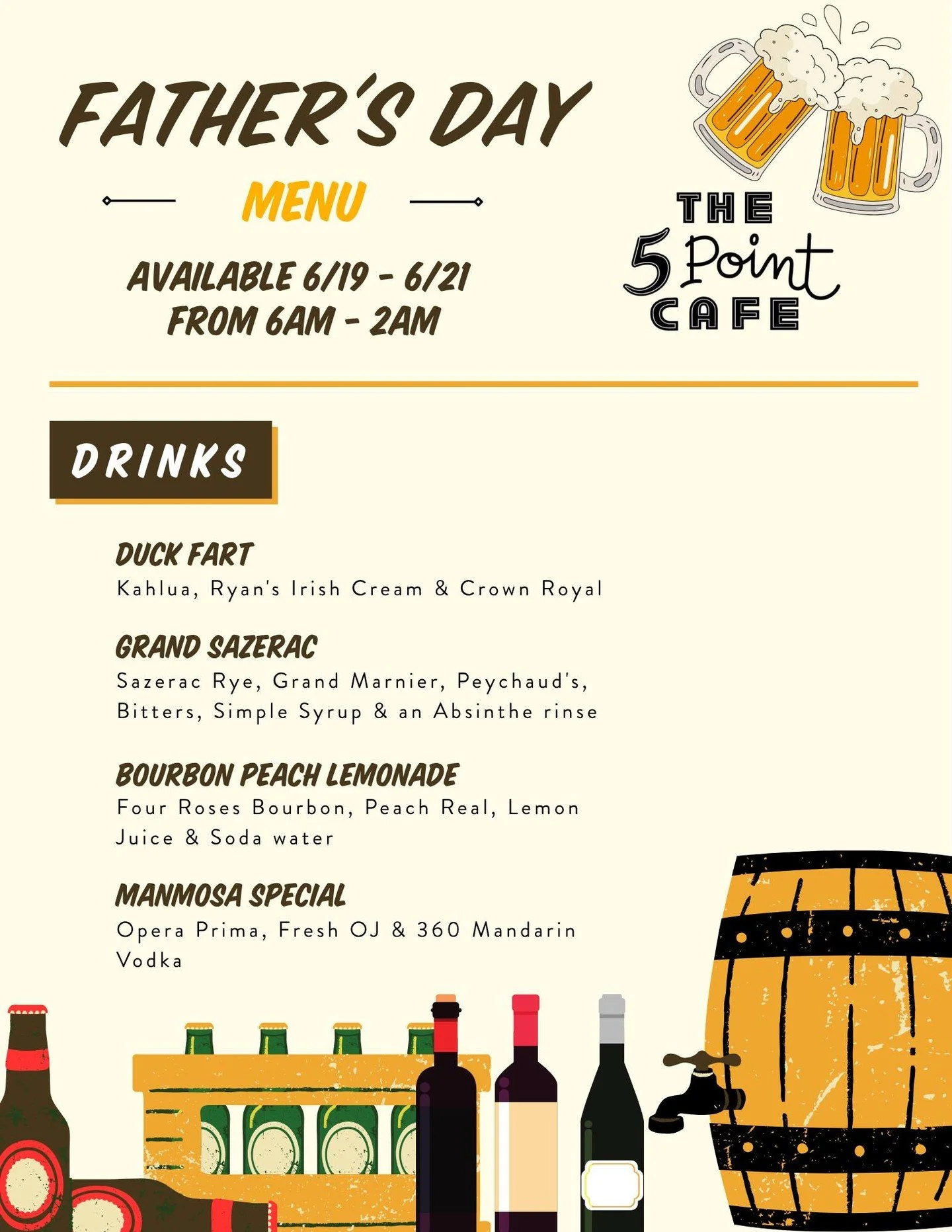 Father. Dad. Pops. Daddy. Zaddy?

Join us 6/19-6/21 anytime between 6am and 2am for our Father's Day Drink Menu. We're pouring everything from Duck Farts to Manmosas. Strong sips at dive bar prices. Let's toast to the old man🍻

#fathersday #seattled