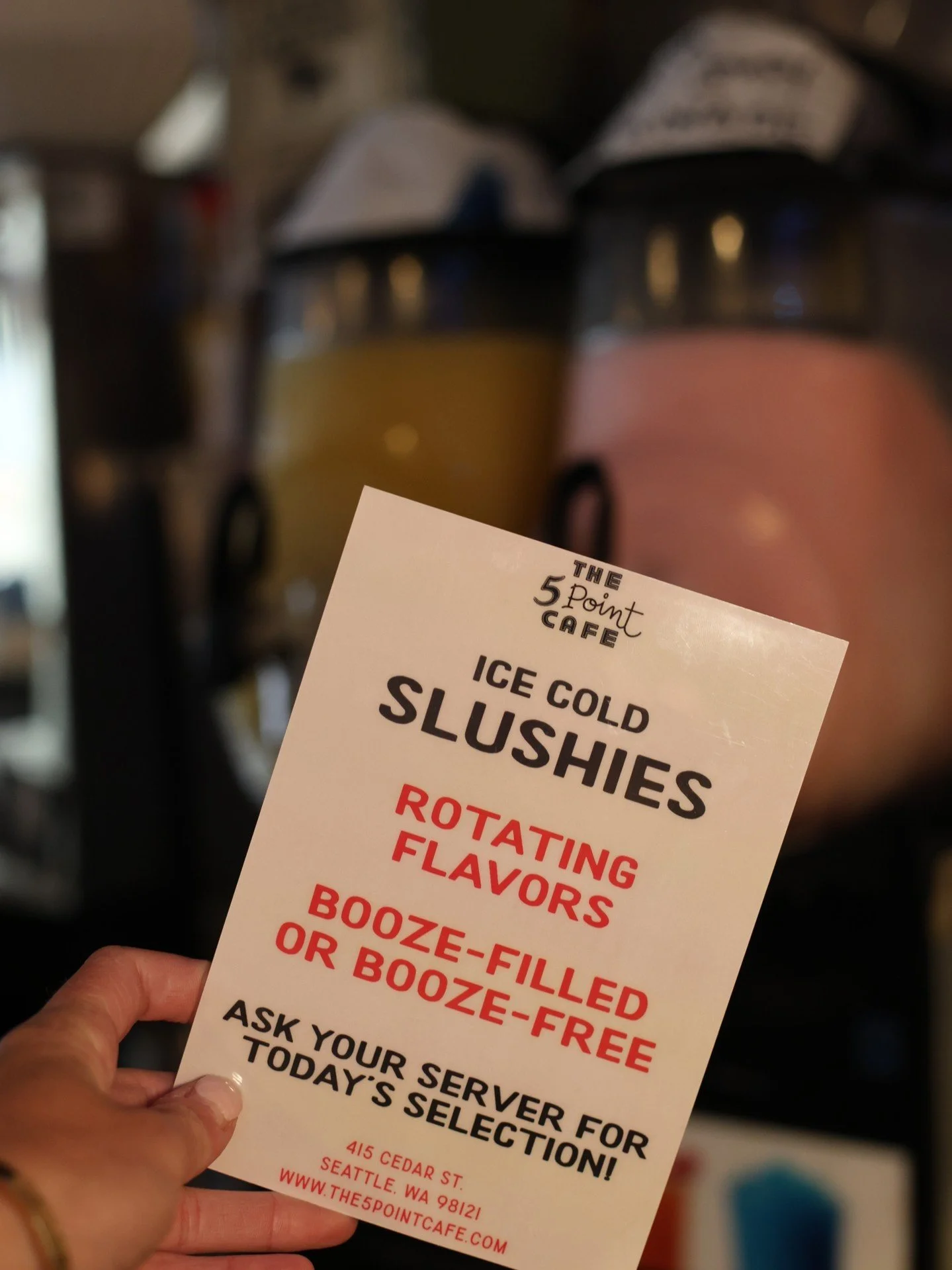 The weekday could use a little whimsy, don't you think?

5 Point has a slushy machine and we're always preparing new, frozen delicacies for you whimsical little weirdos ✨&hearts;️🦄 

#the5pointcafe #divebarseattle #slushies #boozyslushies #belltowns