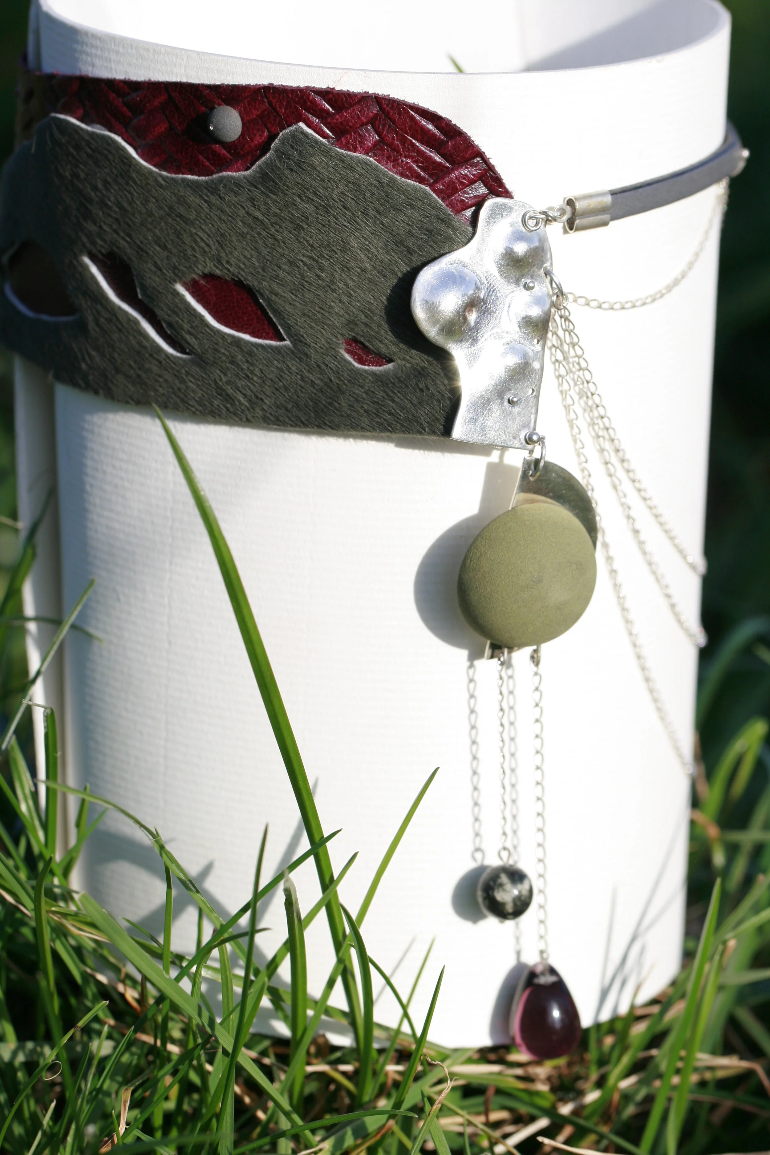 Leather Necklace, made for Christelle. Leather, Lava Stone, Agate, Glass Pearl. 2015.