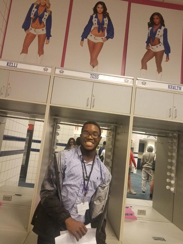 Keyshaun Rauls in the Dallas Cowboy Cheerleaders locker room.