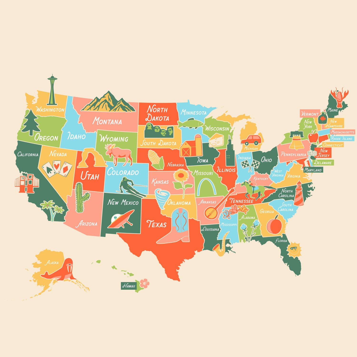 Pretty Us Map Illustrated Map — Chandler Hougan