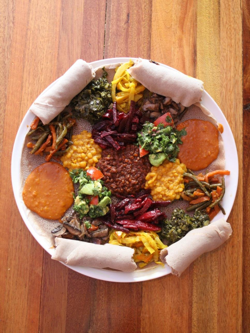 Array of Ethiopian foods on a platter