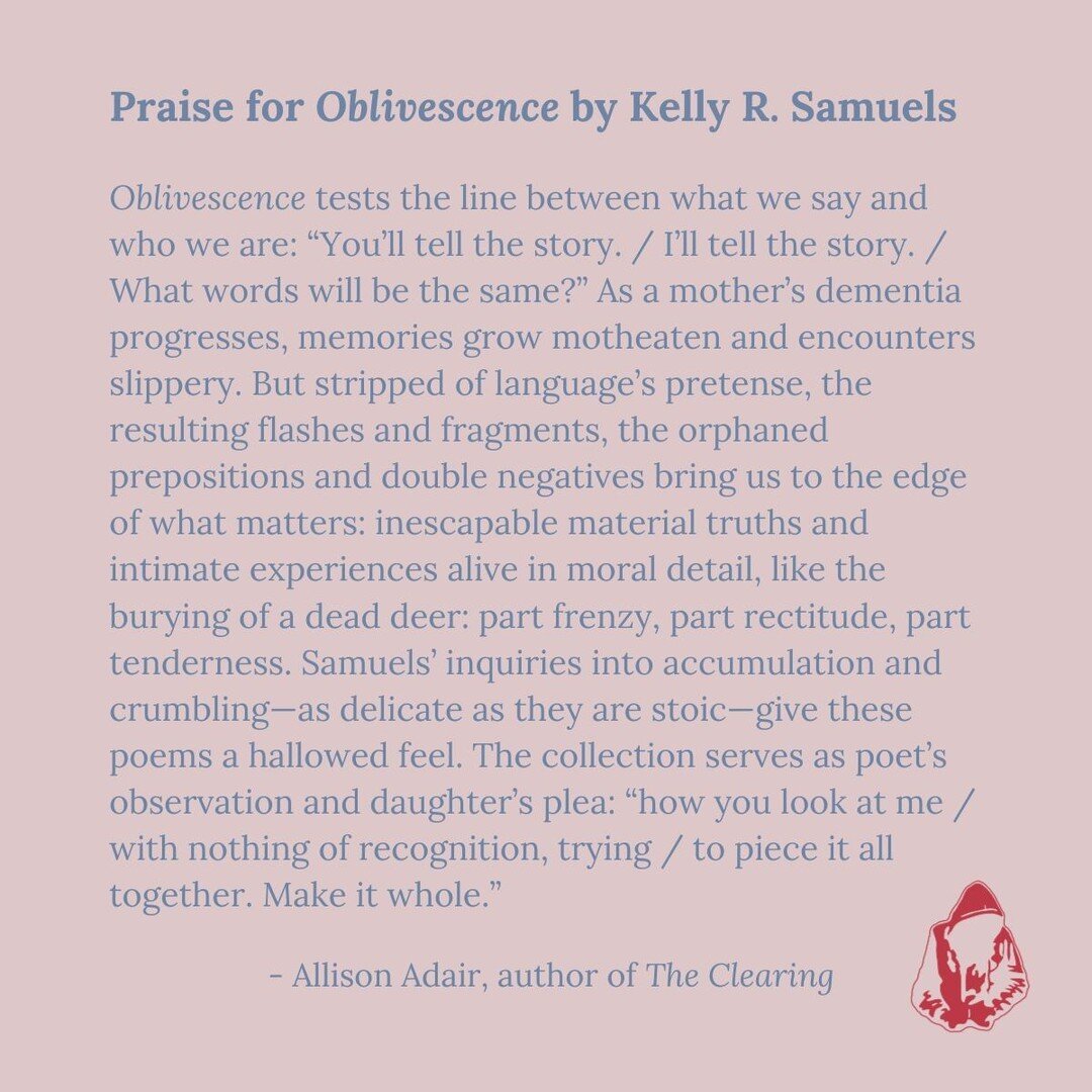 ONE WEEK until OBLIVESCENCE by Kelly R. Samuels is out in the world! Join us next Thursday at 7 p.m. Central/4 p.m. Alaska time for a LIVE virtual launch on the Red Sweater Press YouTube channel: https://buff.ly/4bCEiel 

#smallpress #poetry #booklau