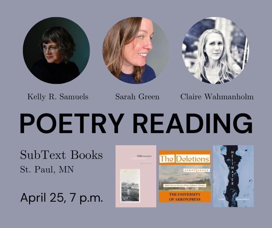 April newsletter no. 1 is out! In celebration of #NationalPoetryMonth, here are a few things we have going on:

- In-person reading and book launch for OBLIVESCENCE on April 25th at SubText Books in St. Paul, MN
- Poetry Parley, April 17th, at The Wr