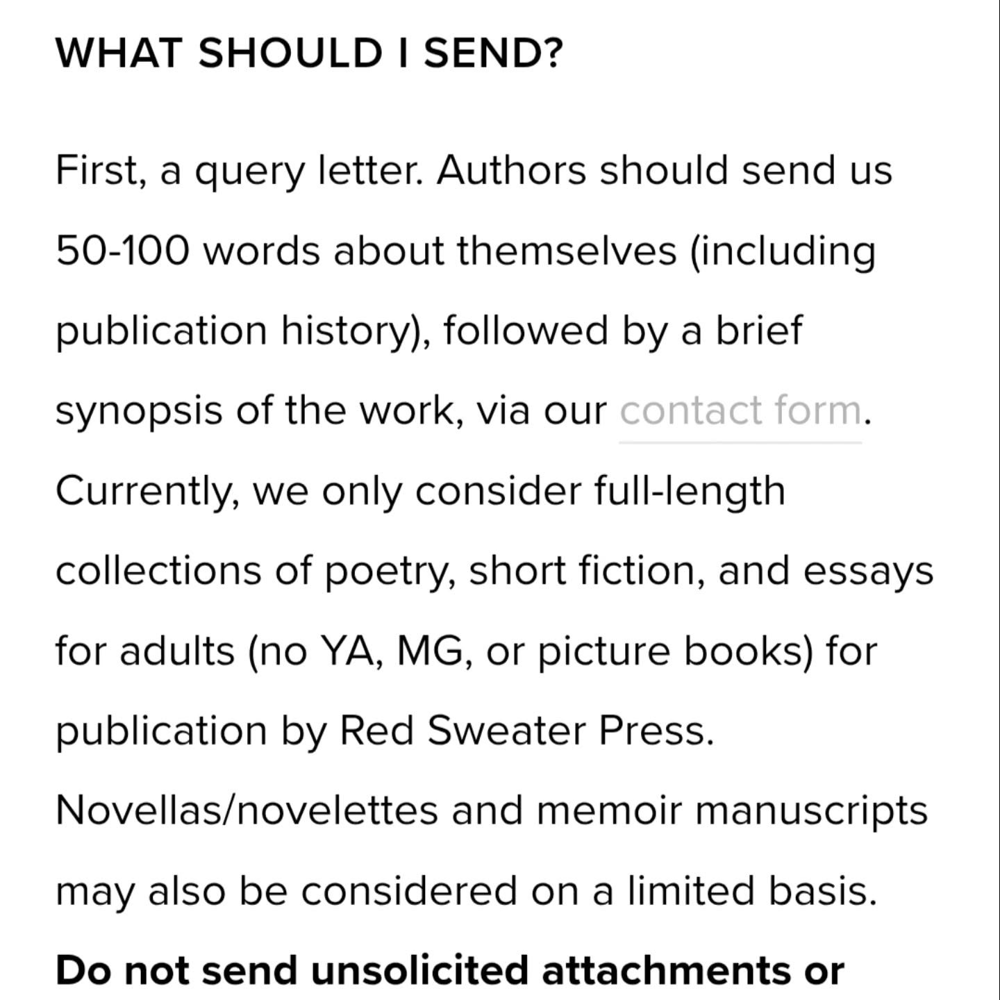 Our Frequently Asked Questions have been updated! Before querying, please review the FAQ on our website: redsweaterpress.com/faq

Currently, we only consider full-length collections of poetry, short fiction, and essays for adults (no YA, MG, or pictu