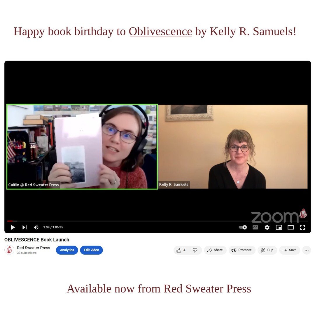 Please appreciate how cute @kellyrsamuels looks next to the crazy book lady peddling her wares 😂 Thank you to everyone who attended the virtual launch for #Oblivescence; if you missed it, the recording is available on our YouTube channel!