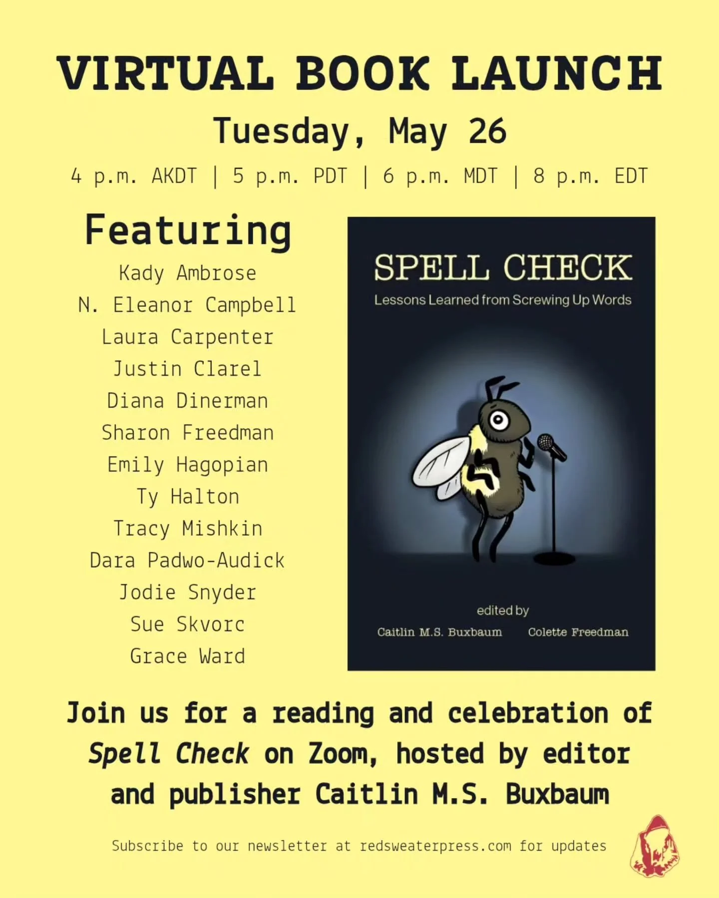 SAVE THE DATE! The virtual launch for SPELL CHECK is happening at the end of next month, so mark it on your calendar and sign up for our newsletter to get more updates as the event approaches.

#spellcheckbook #zoomreading #indiepublishing