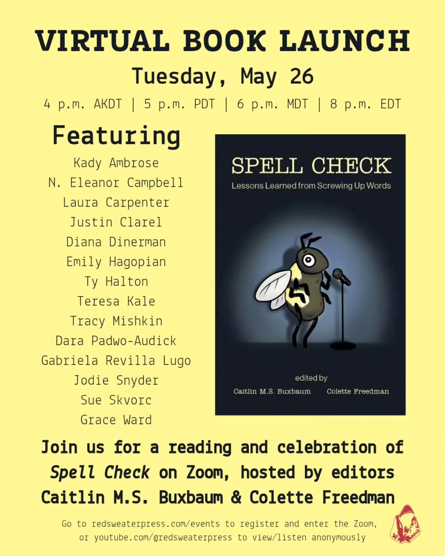 NEXT WEEK! The virtual launch (and official pub day!) for SPELL CHECK is coming soon, so head over to the events page of our website and register for the Zoom if you want a chance to win a free book 👀 

Or if you just wanna lurk, the reading will be