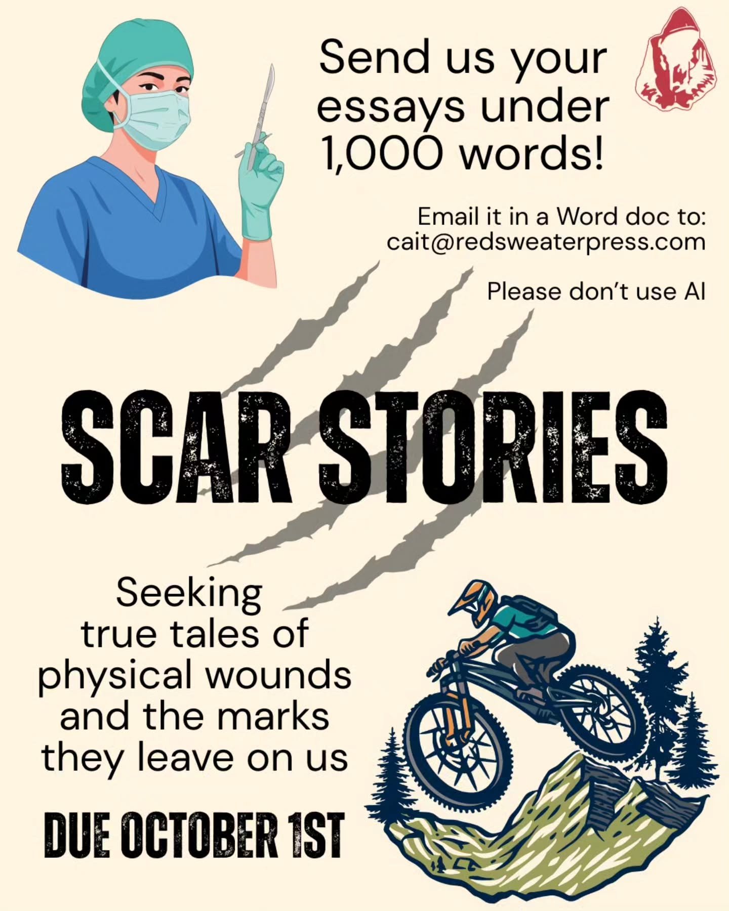 You still have almost 3 weeks to write and send us your best (true) scar story. Tell us when it happened, where it happened (geographical location&nbsp;and&nbsp;location on your body), and how it impacted you (no pun intended).

As before, we're look