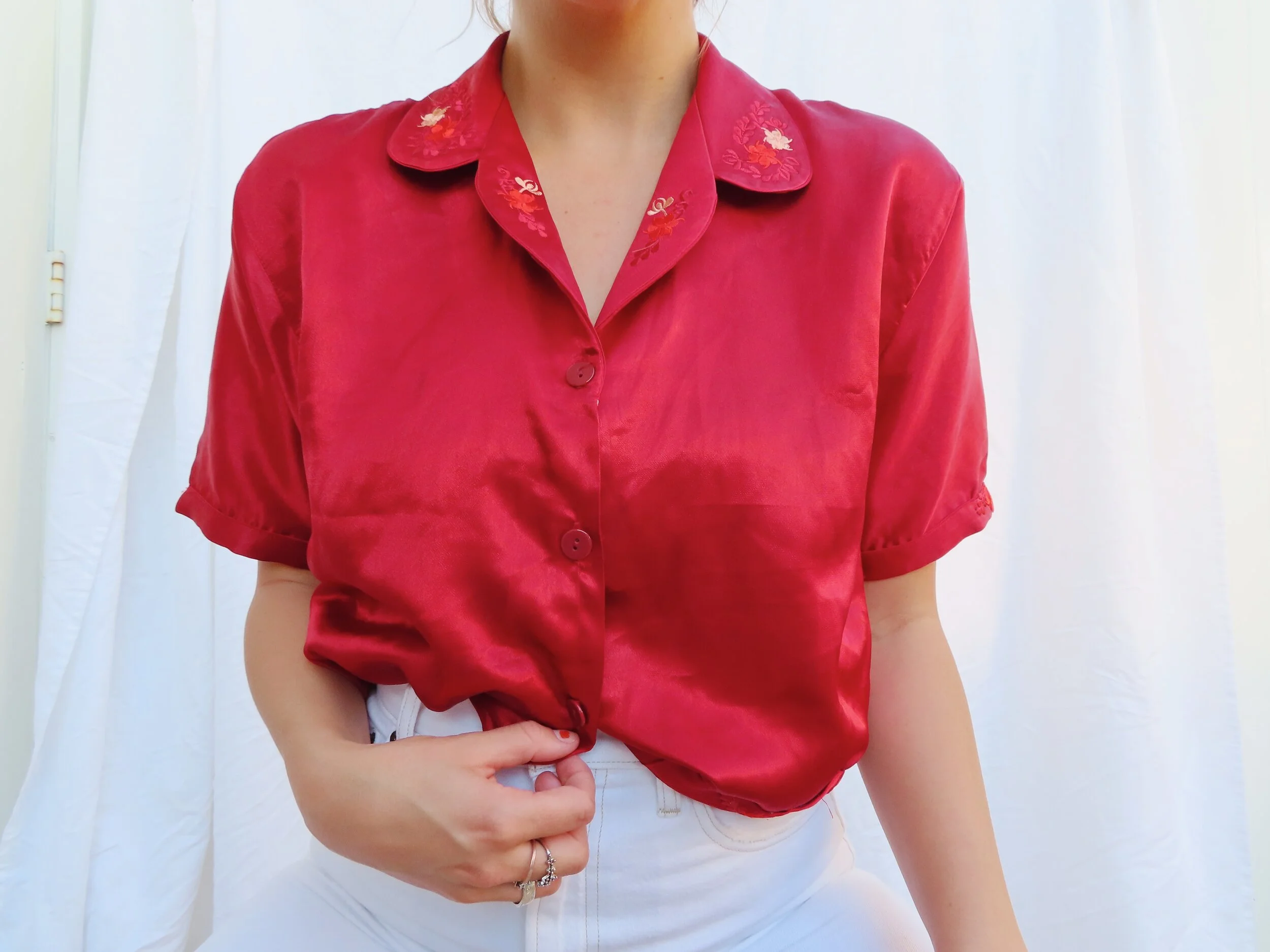 Silky Slip Red Button-Up