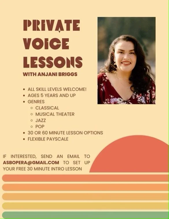 Flyer for private voice lessons with Anjani Briggs on Seattle's Eastside