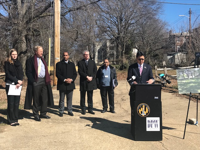 Representatives from Quantified Ventures, the Chesapeake Bay Foundation and Baltimore announced the city's first Environmental Impact Bond on a future green infrastructure site.