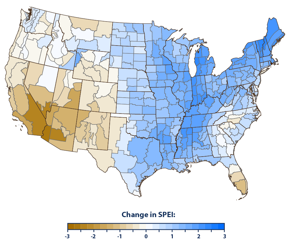   Figure 1.  Average Change in Drought (Five-Year SPEI) in the Contiguous 48 States, 1900–2020  (source: U.S. EPA) 