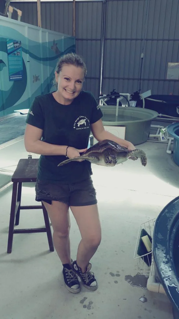 With “Jem”, a Green Turtle in our care for float (buoyancy issues due to digestive problems) 2014, WTRS.